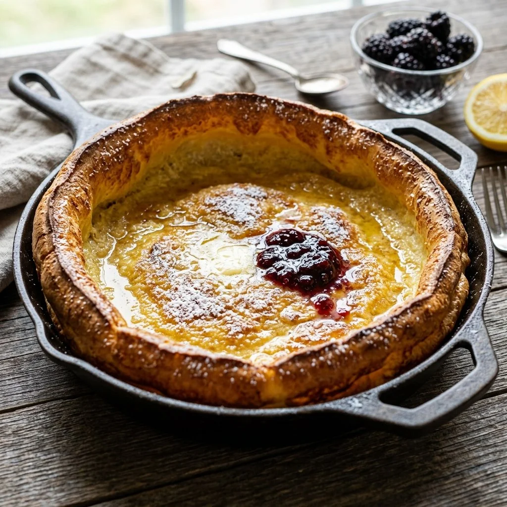Fluffy Dutch Baby Pancake topped with fresh fruit and powdered sugar