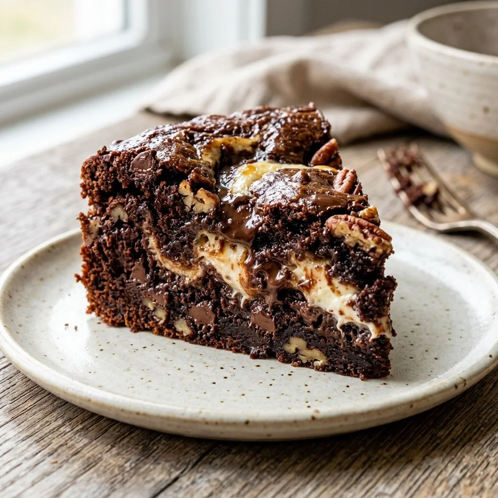 Slice of rich Earthquake Cake topped with nuts and chocolate