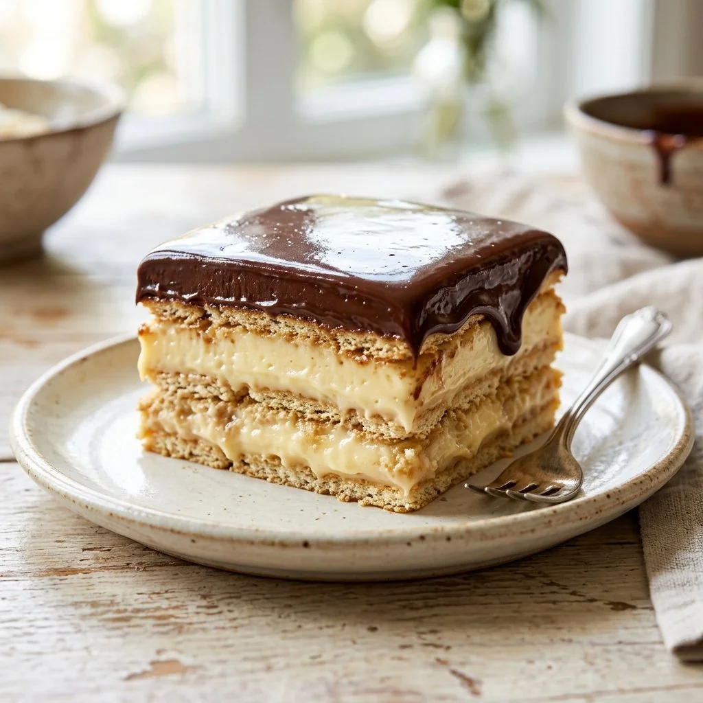 Delicious Eclair Cake with layers of cream and chocolate frosting