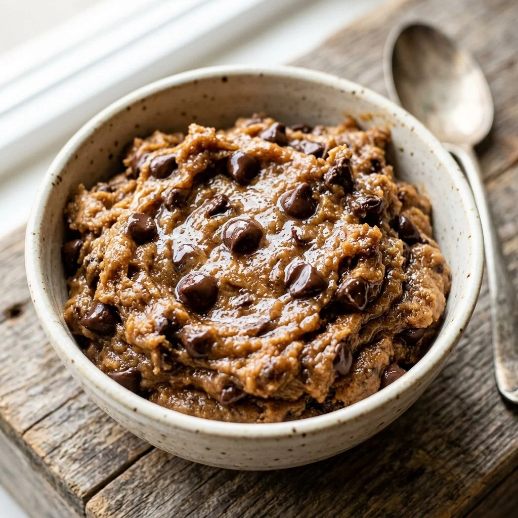 A bowl of fresh edible cookie dough topped with chocolate chips.