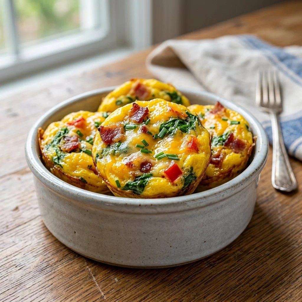 Delicious homemade egg bites with vegetables and cheese in a muffin tin