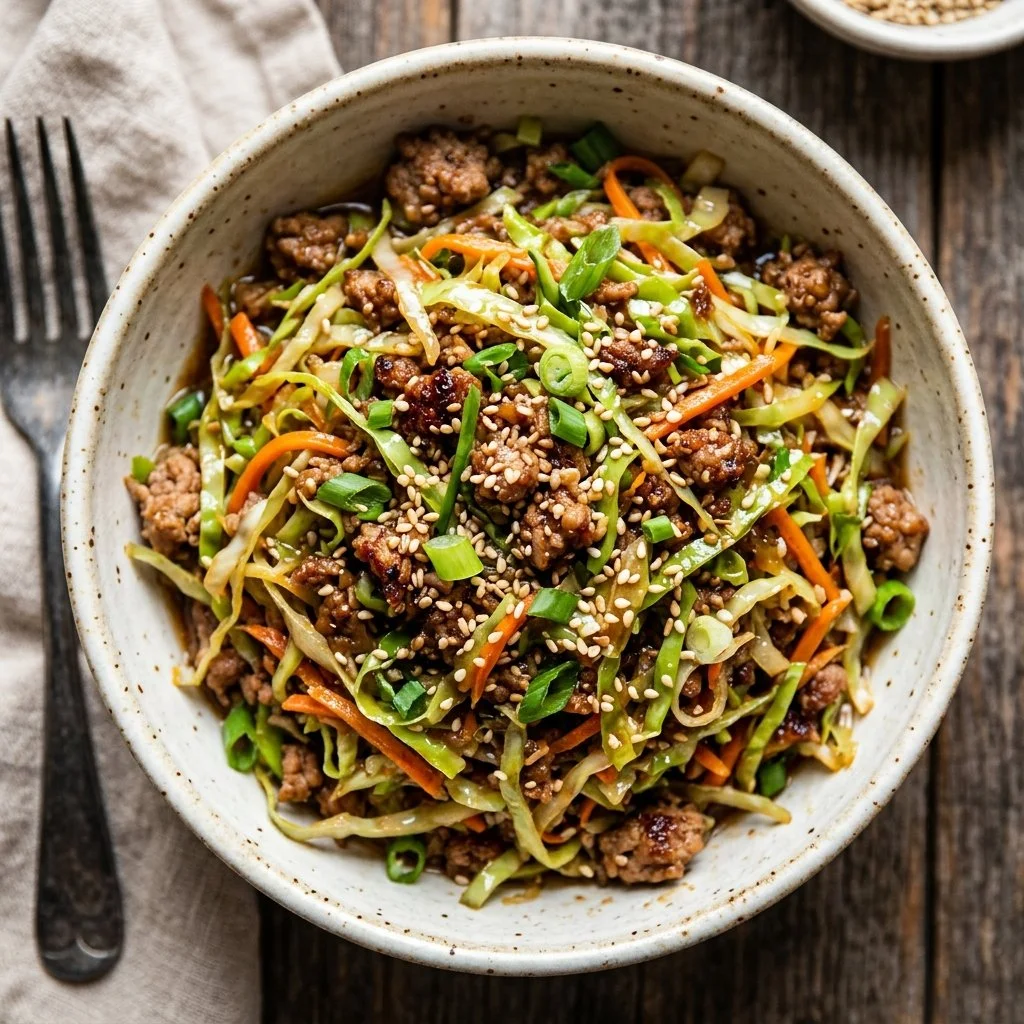Delicious egg roll in a bowl with fresh veggies and protein