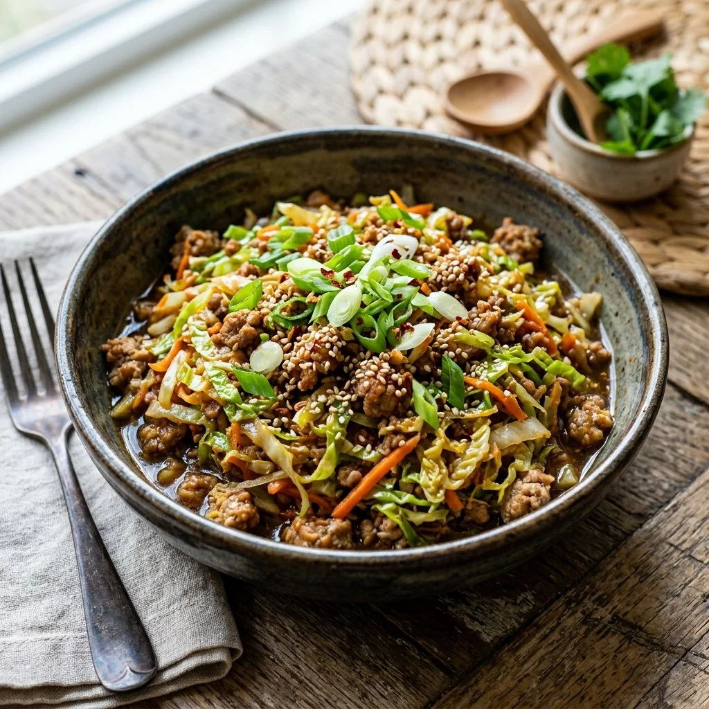 Deconstructed egg roll in a bowl, featuring veggies and savory ingredients.