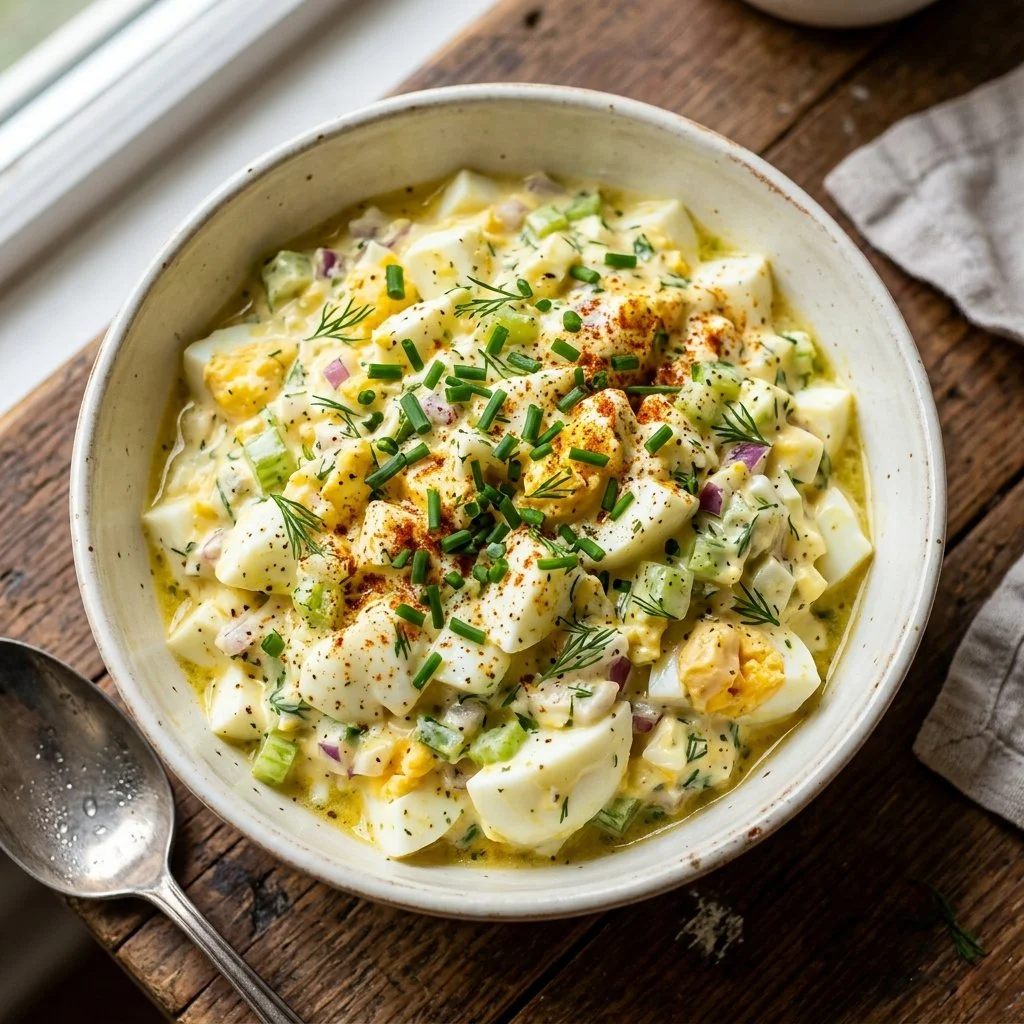 Delicious homemade egg salad served on a plate with fresh herbs.