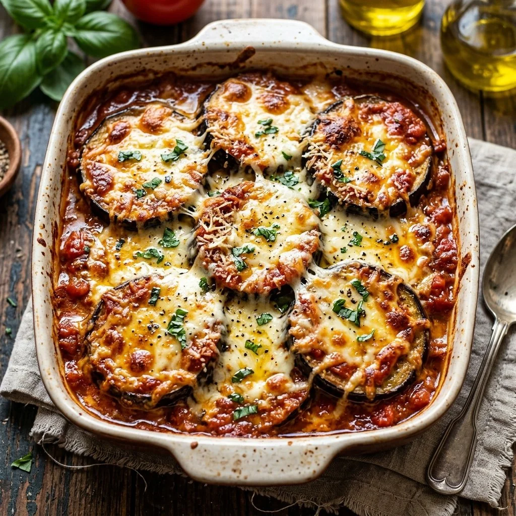 Delicious homemade Eggplant Parmesan served with fresh basil and tomato sauce