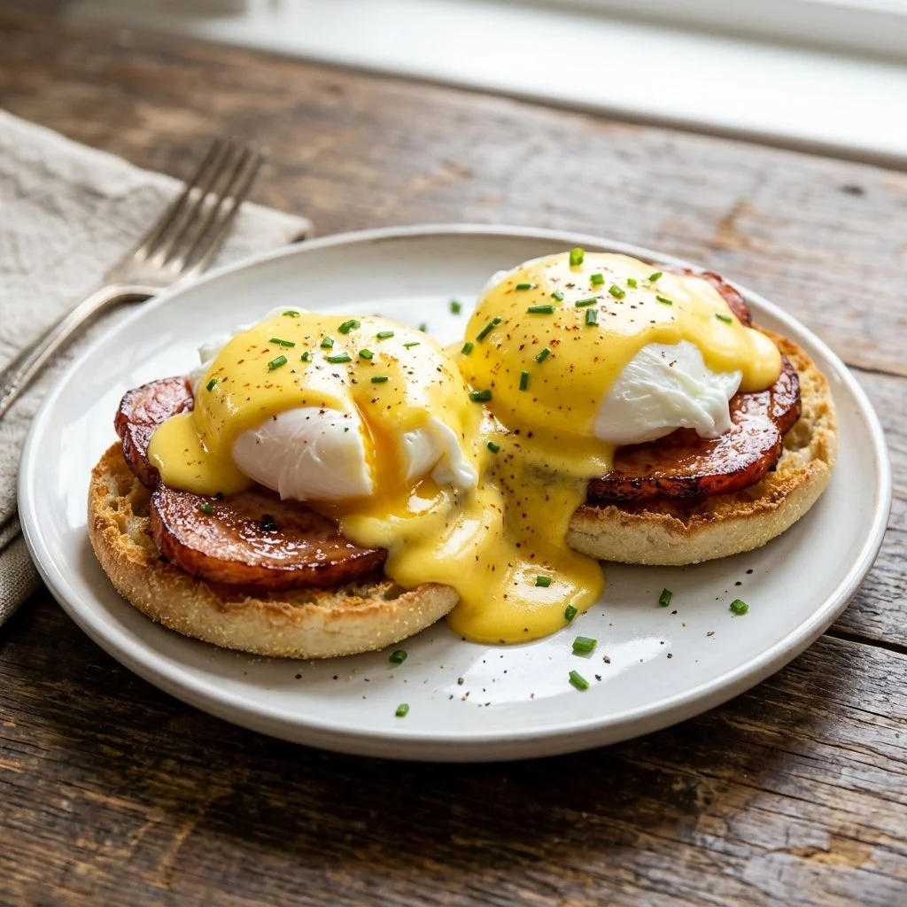 Delicious Eggs Benedict with poached eggs and hollandaise sauce on an English muffin