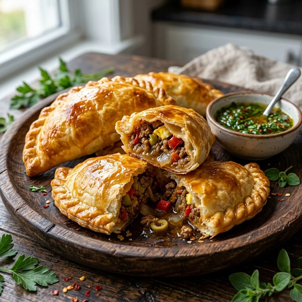 A plate of fresh, homemade empanadas with various fillings