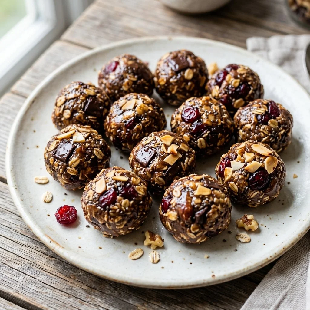 Plate of homemade Energy Protein Bites for a healthy snack