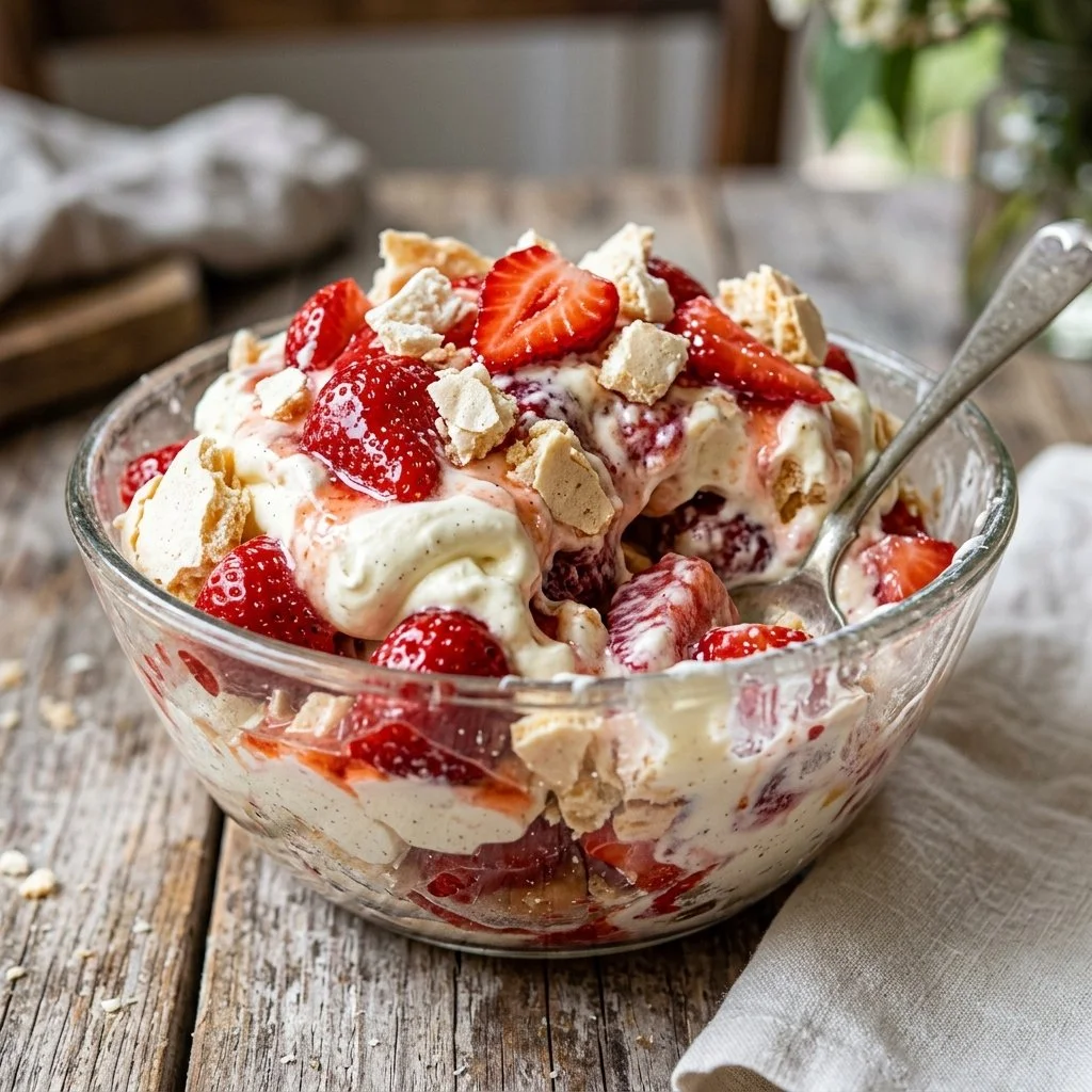 Delicious Eton Mess dessert with meringue, whipped cream, and berries.