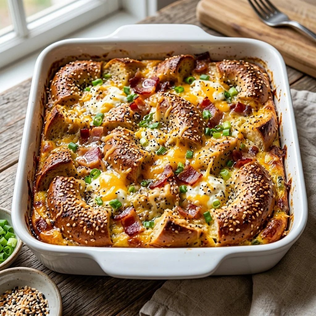 Delicious Everything Bagel Casserole made with cream cheese, eggs, and everything bagel seasoning