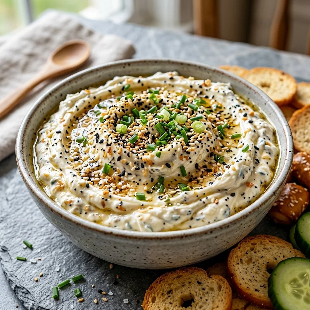 Creamy Everything Bagel Dip served with vegetables and crackers