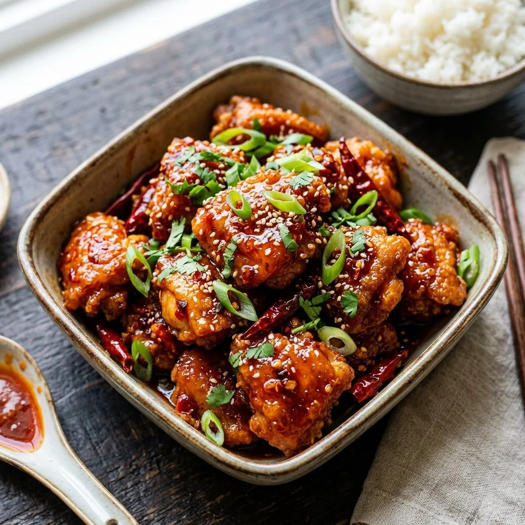 Delicious plate of Firecracker Chicken garnished with green onions
