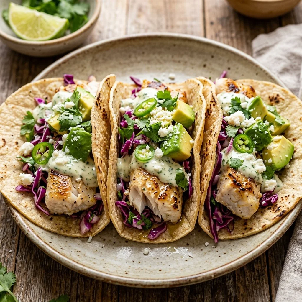 Plate of freshly made fish tacos topped with cabbage and salsa