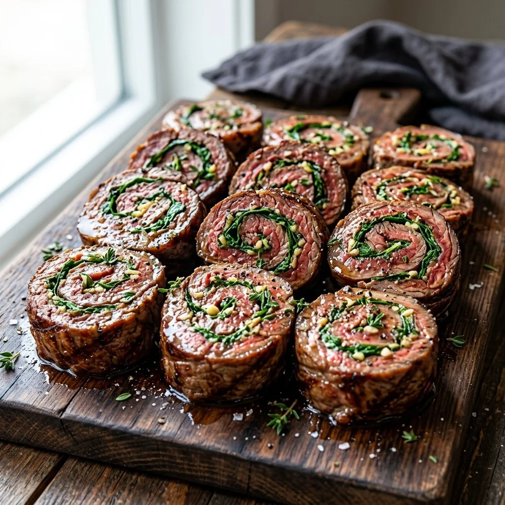 Flank Steak Pinwheels topped with fresh herbs and spices on a wooden platter