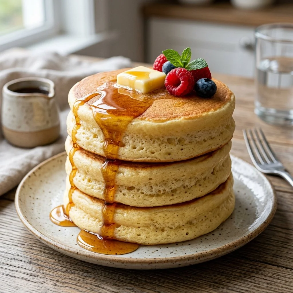 Fluffy Japanese pancakes stacked high, drizzled with syrup and fresh fruit.