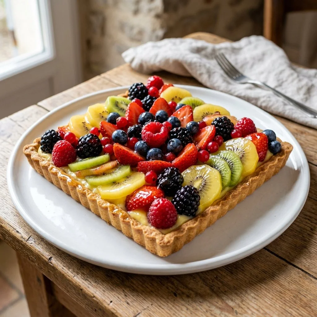 Delicious French fruit tart topped with fresh seasonal fruits on a golden crust