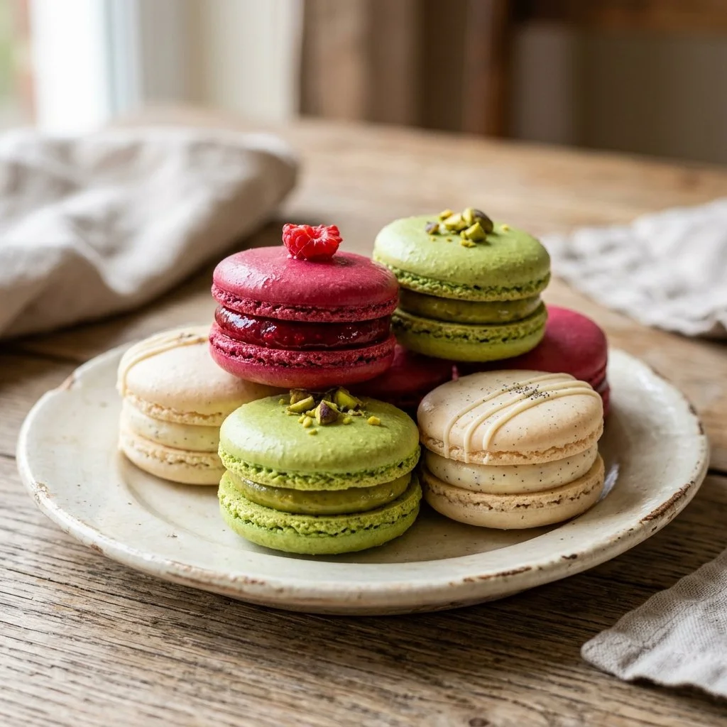 A plate of colorful French Macarons in assorted flavors and fillings.