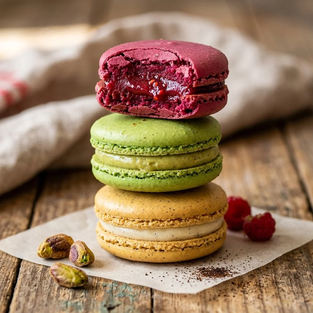 Colorful assortment of delicious French Macarons on a decorative plate.