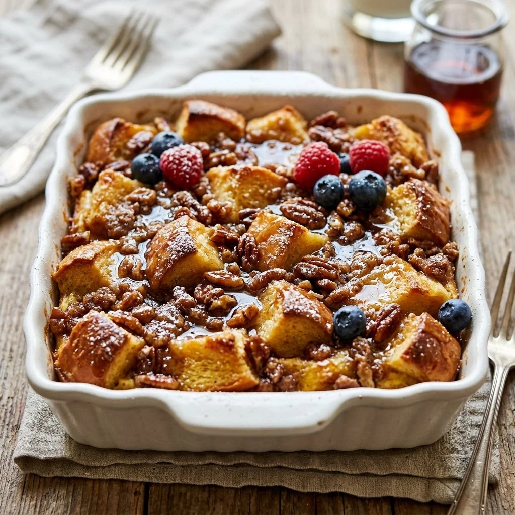 Delicious French Toast Casserole baked with cinnamon and served on a plate.
