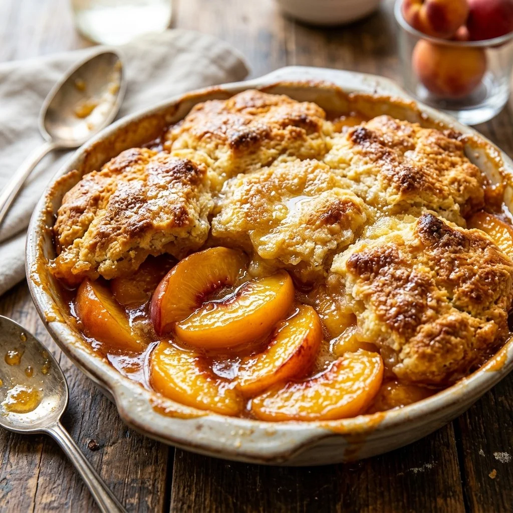 Fresh peach cobbler topped with a golden crust and served in a baking dish.