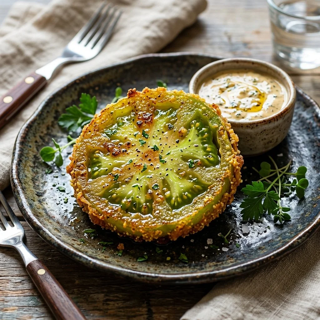 Plate of crispy Fried Green Tomatoes served with dipping sauce.