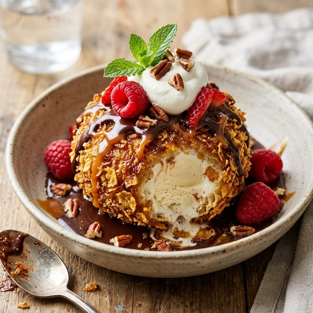 Delicious bowl of fried ice cream with a crispy exterior and creamy interior