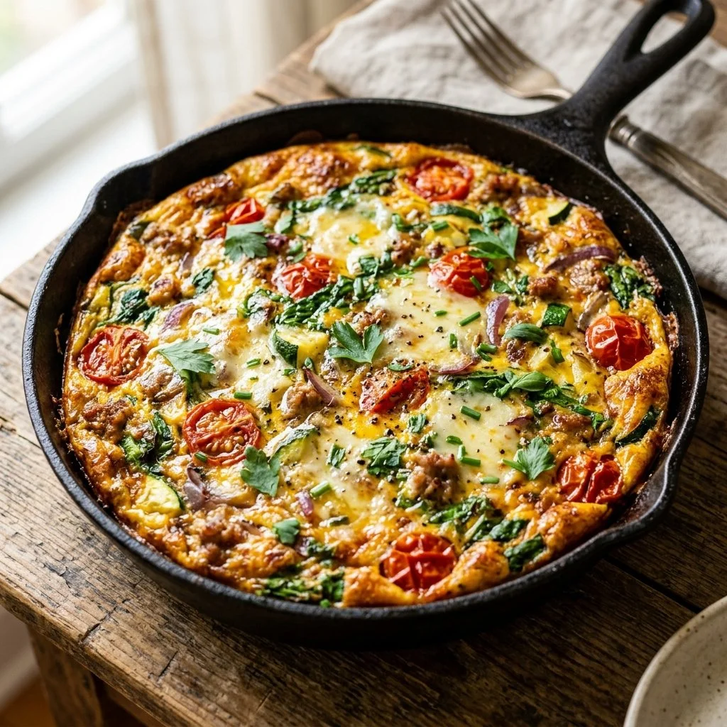 Delicious and colorful frittata garnished with fresh herbs and vegetables.