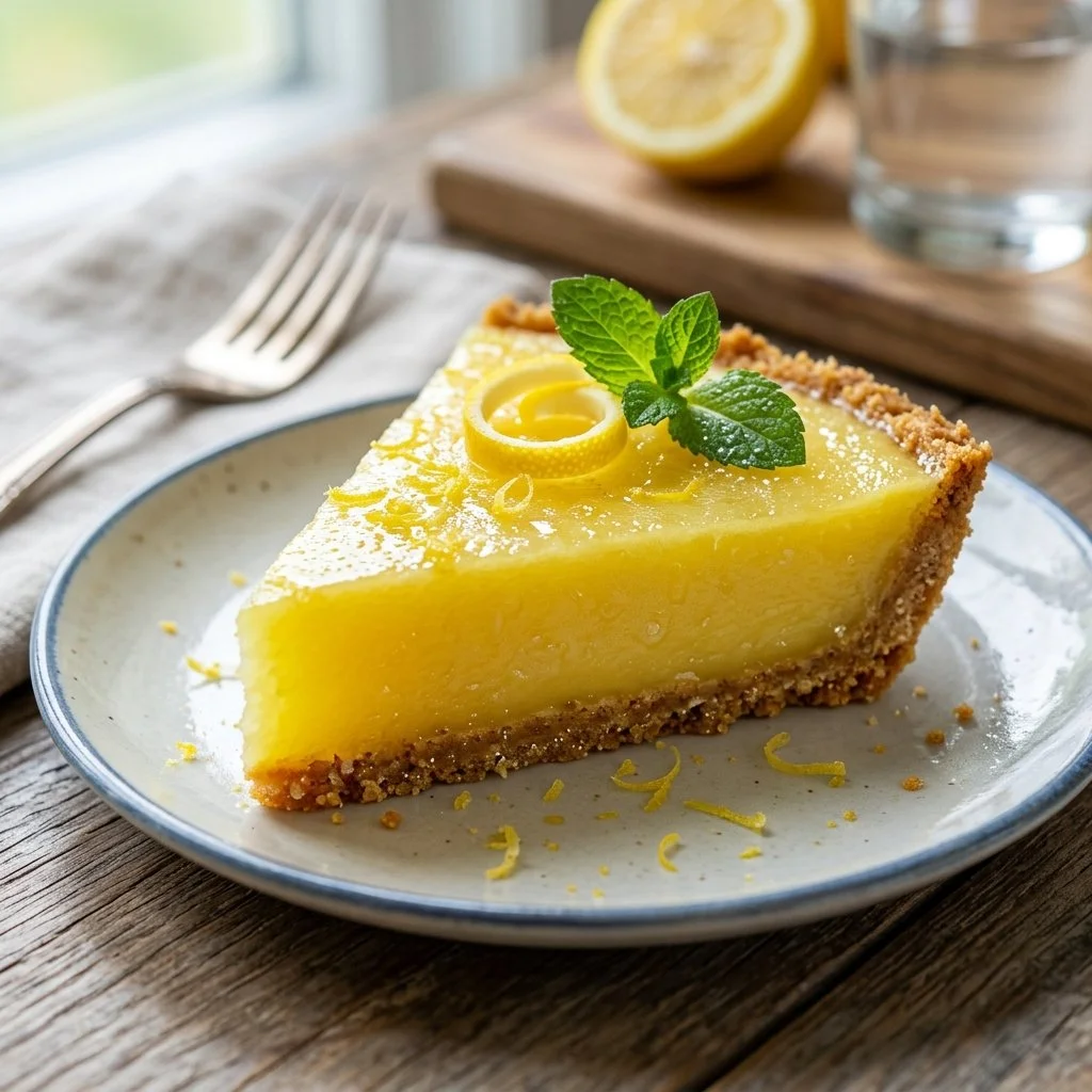 Chilled frozen lemonade pie slice on a plate with lemon garnish.