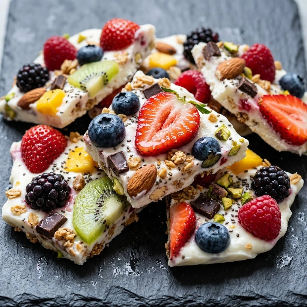 Frozen yogurt bark topped with fruit and nuts on a plate