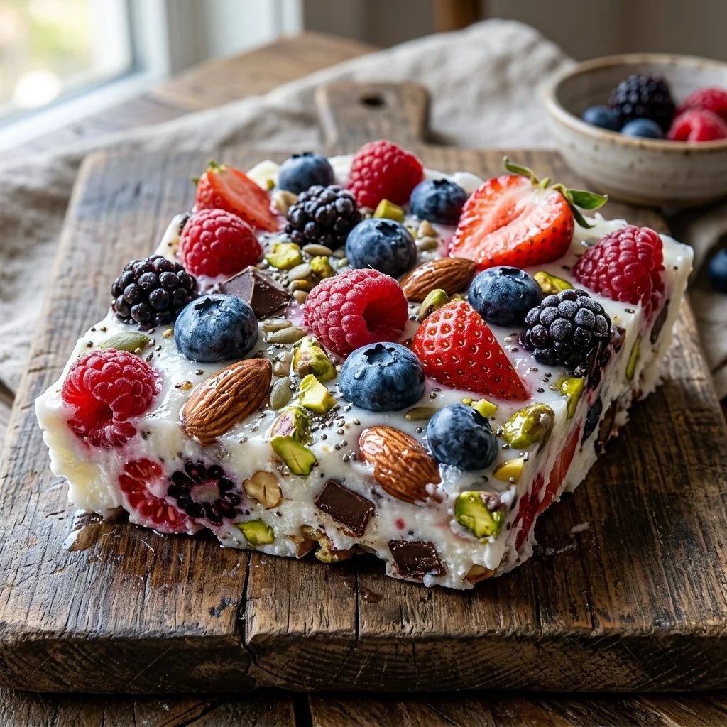 Delicious frozen yogurt bark topped with fresh fruits and nuts