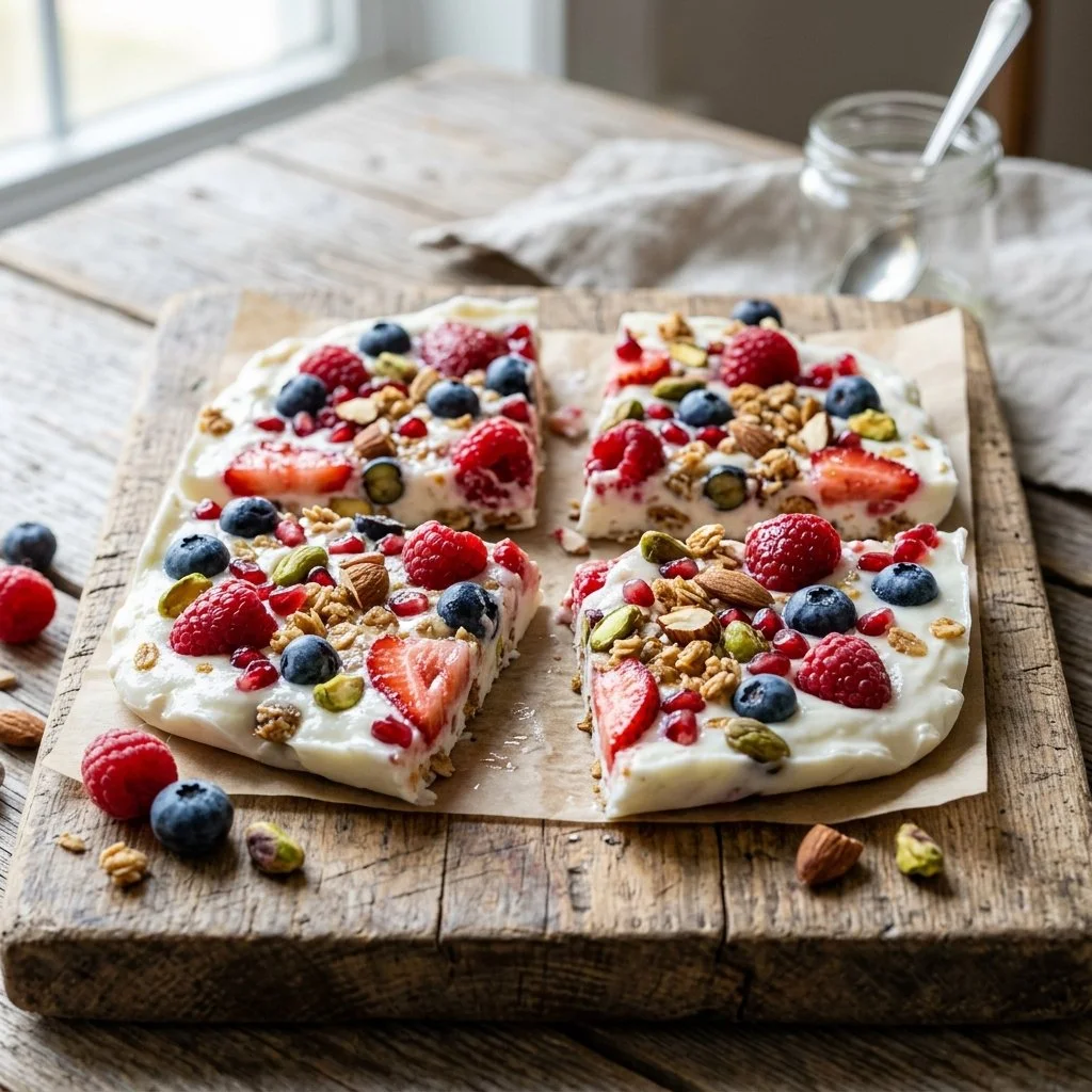 Delicious frozen yogurt bark topped with fruits and nuts for a healthy dessert.