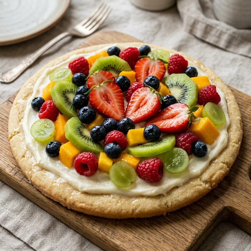 Colorful fruit pizza topped with assorted fresh fruits on a sweet crust.