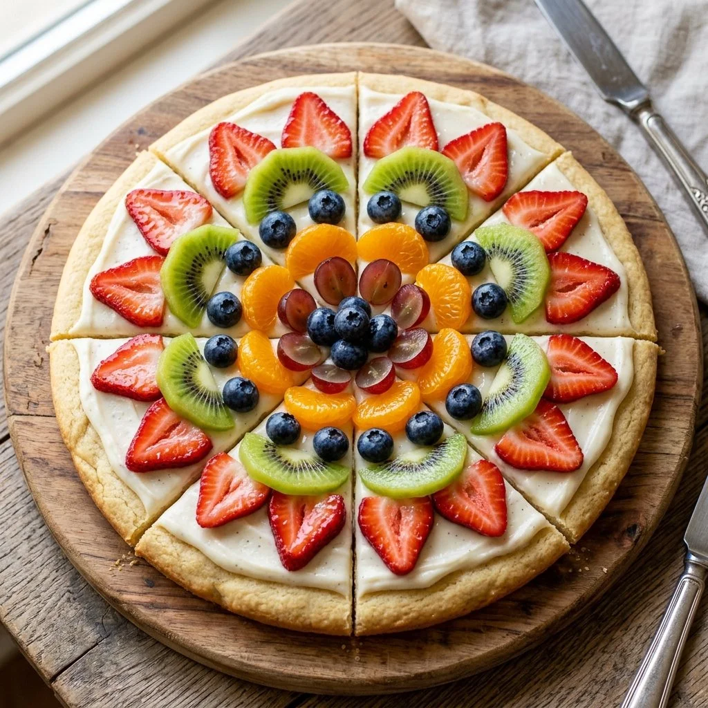 Deliciously vibrant fruit pizza topped with various fresh fruits and cream