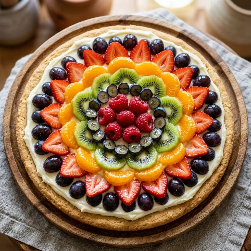 Colorful fruit pizza topped with fresh fruits and cream on a sweet crust.
