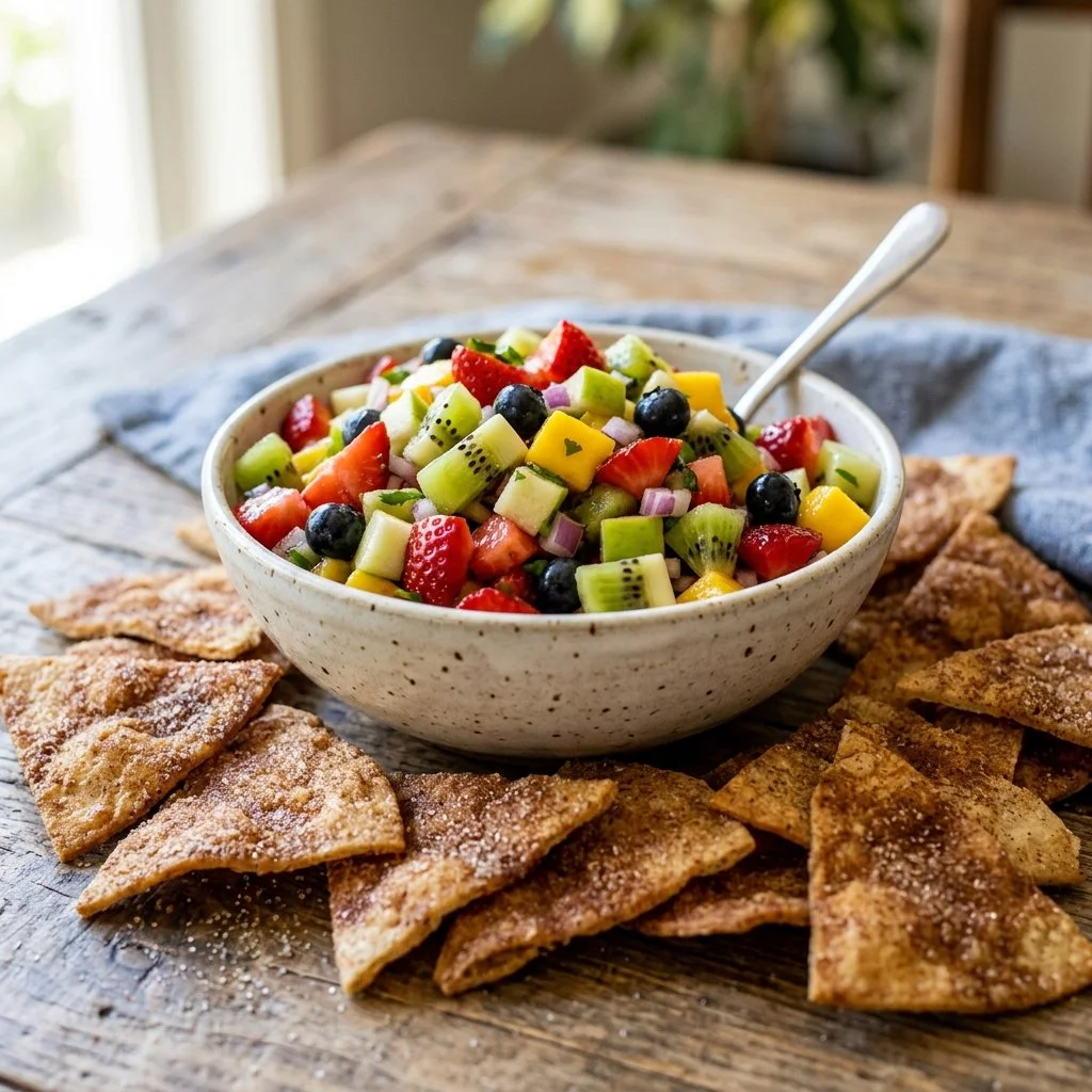 Delicious fruit salsa served with crispy cinnamon chips