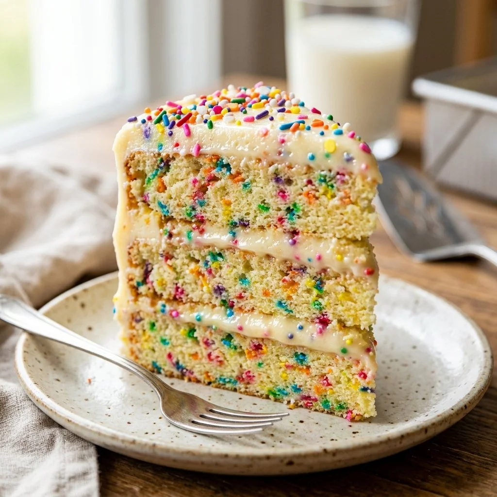 Delicious Funfetti Cake topped with colorful sprinkles