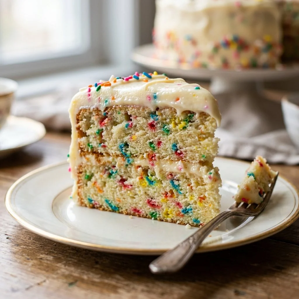 A beautifully decorated Funfetti Cake with colorful sprinkles on top.