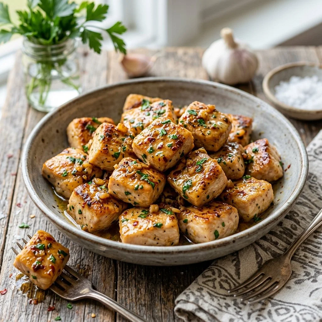 Garlic Butter Chicken Bites served on a plate with herbs and spices