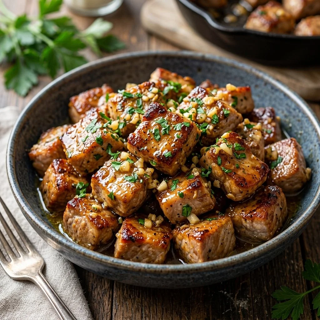 Delicious garlic butter pork bites served on a plate
