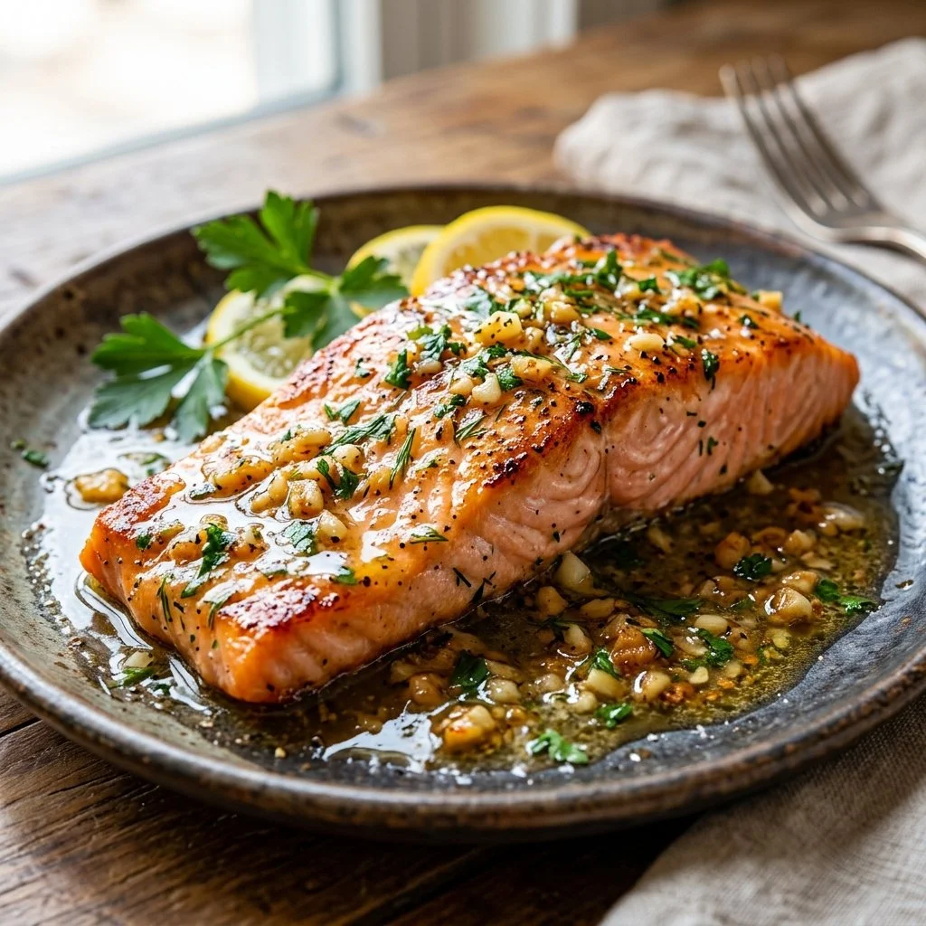 Garlic Butter Salmon served with vegetables on a plate