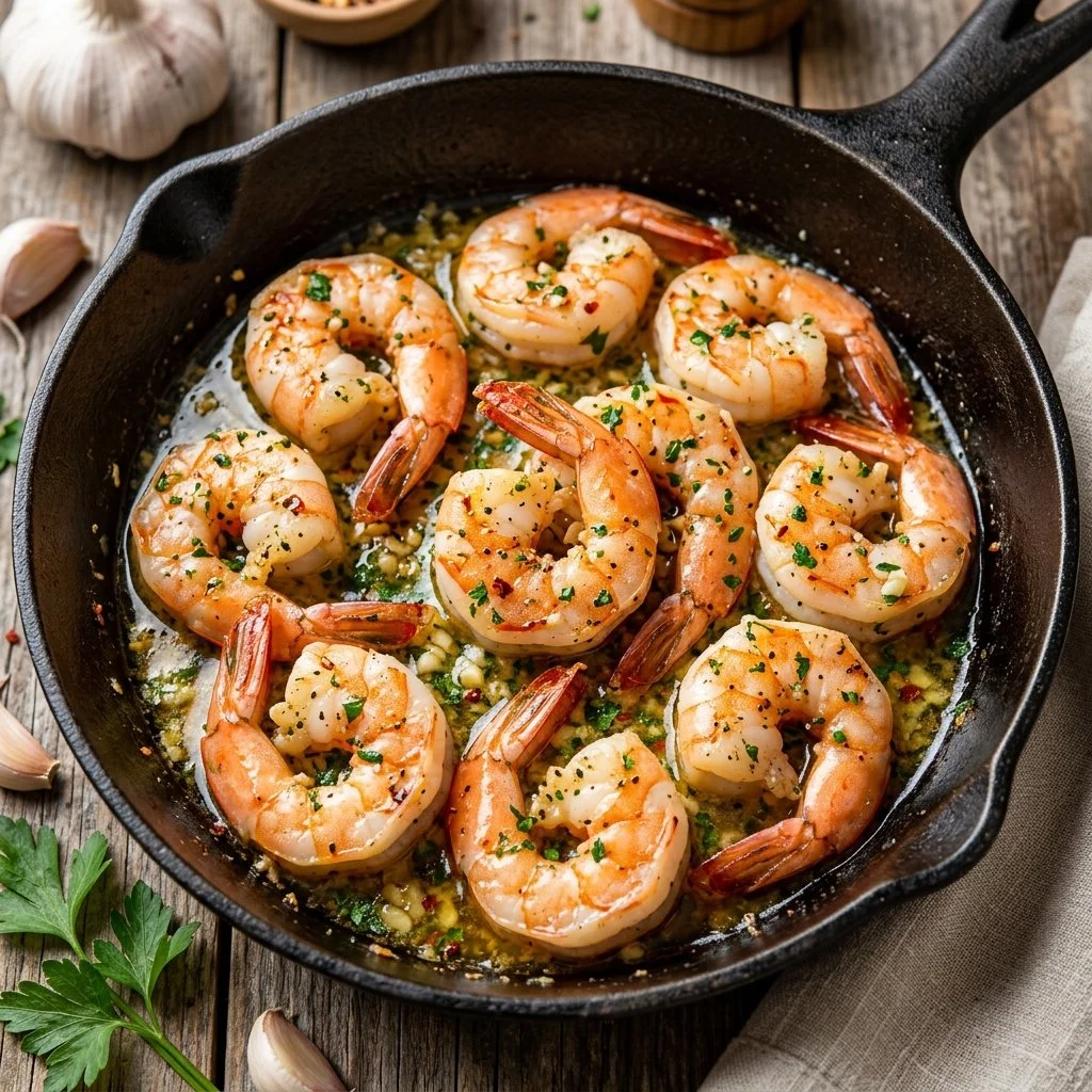 Plate of garlic butter shrimp garnished with parsley and lemon slices