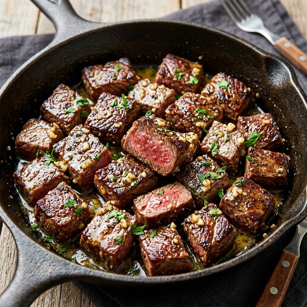 Delicious garlic butter steak bites served in a skillet.