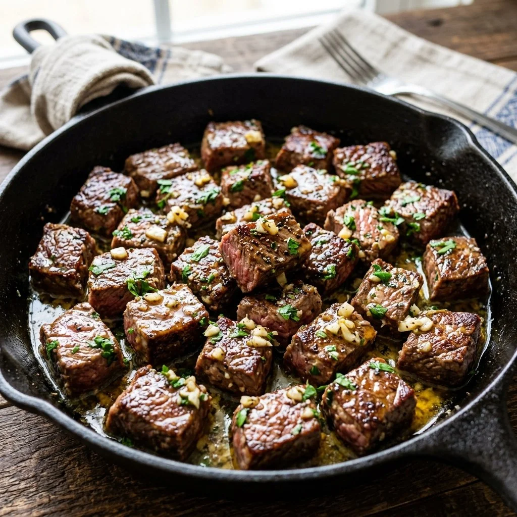 Delicious garlic butter steak bites served on a plate