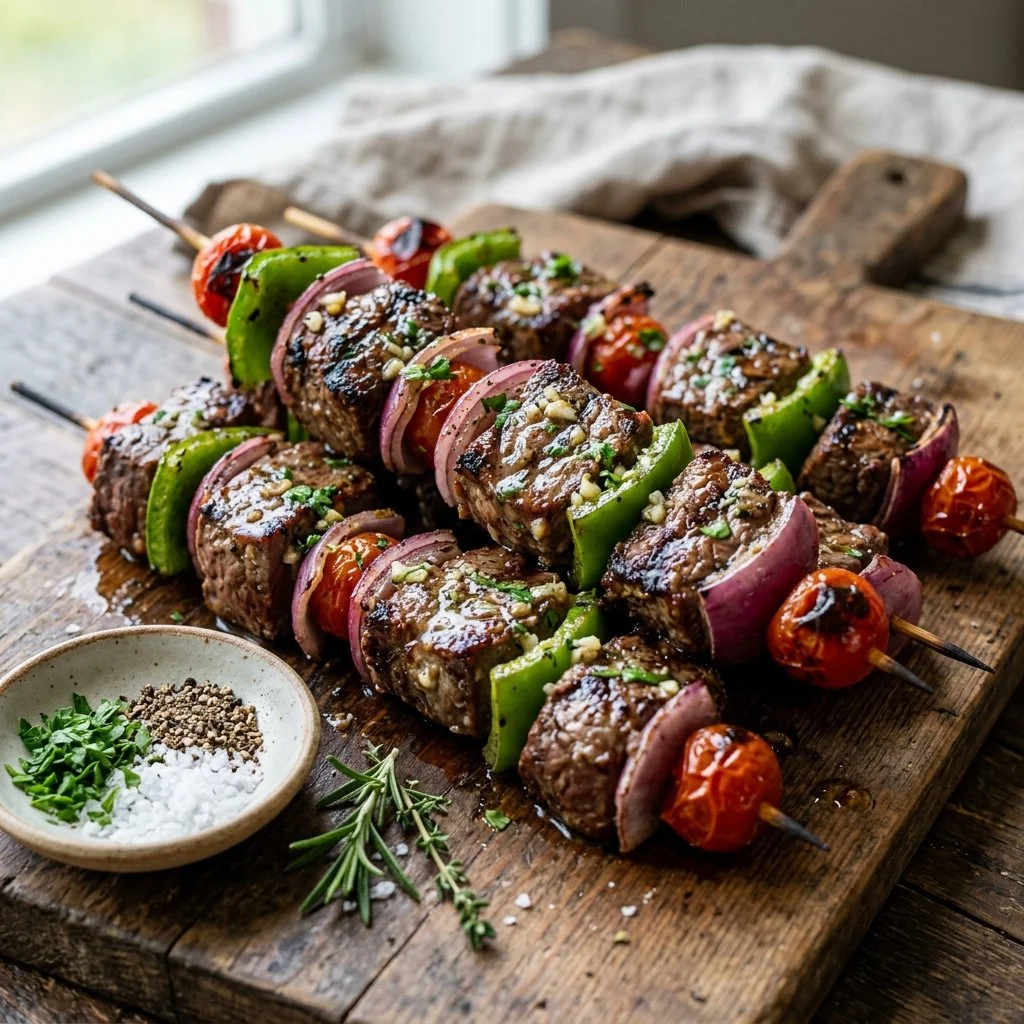 Garlic butter steak kabobs ready to grill, showcasing juicy beef and vibrant vegetables.