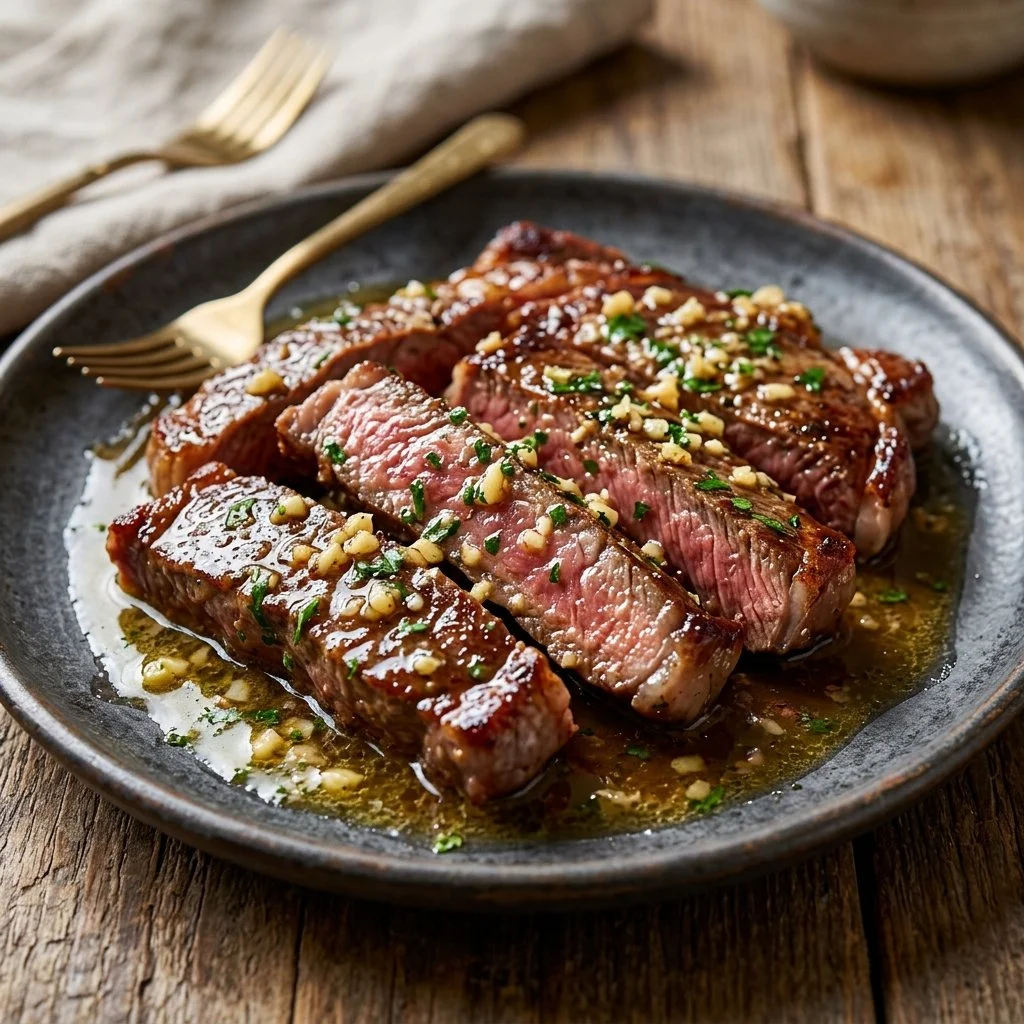 Delicious garlic butter steak strips served on a plate