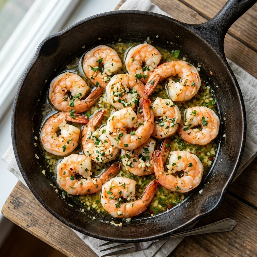 Delicious Garlic Herb Butter Shrimp served with a side of fresh herbs