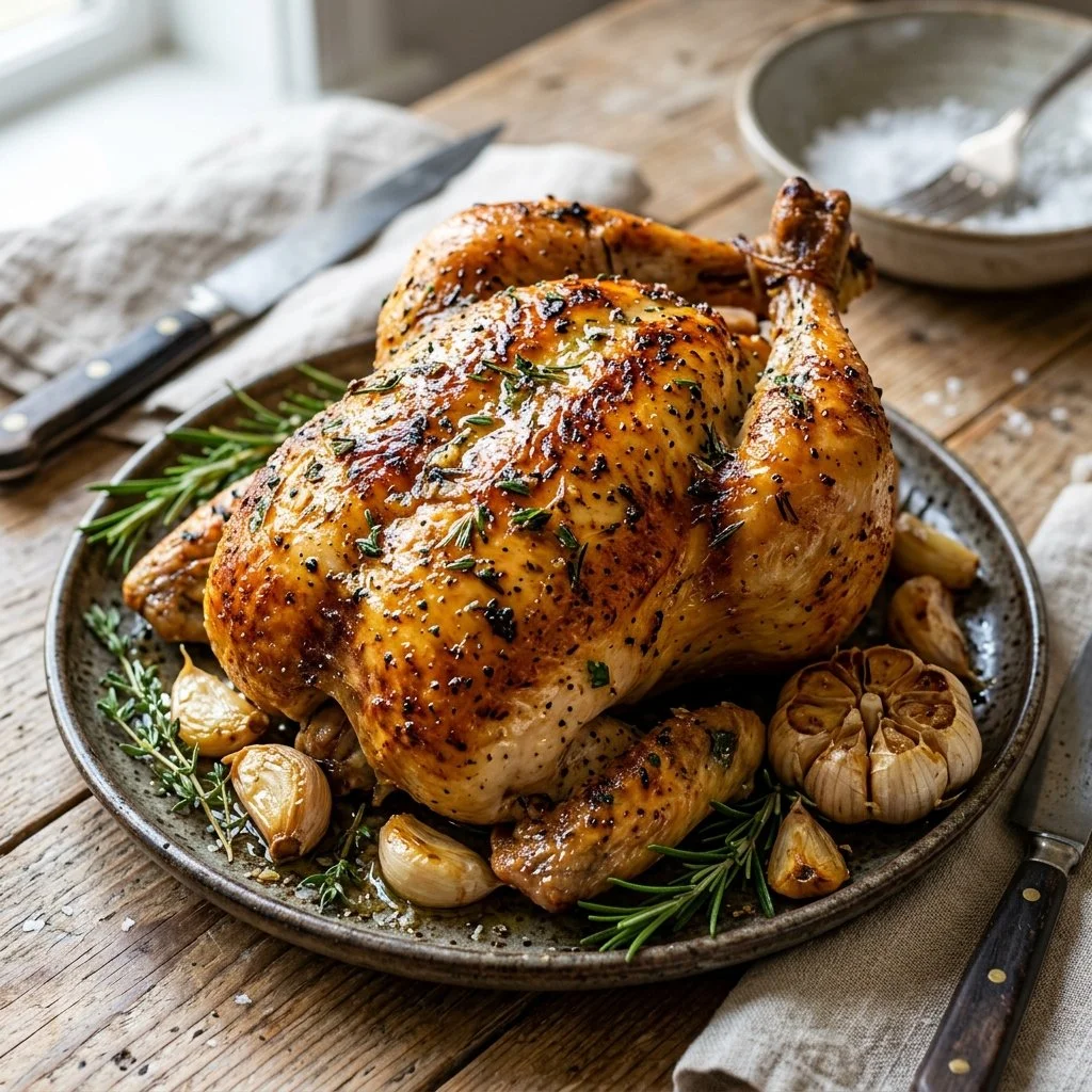 Garlic herb roasted chicken served with vegetables on a plate