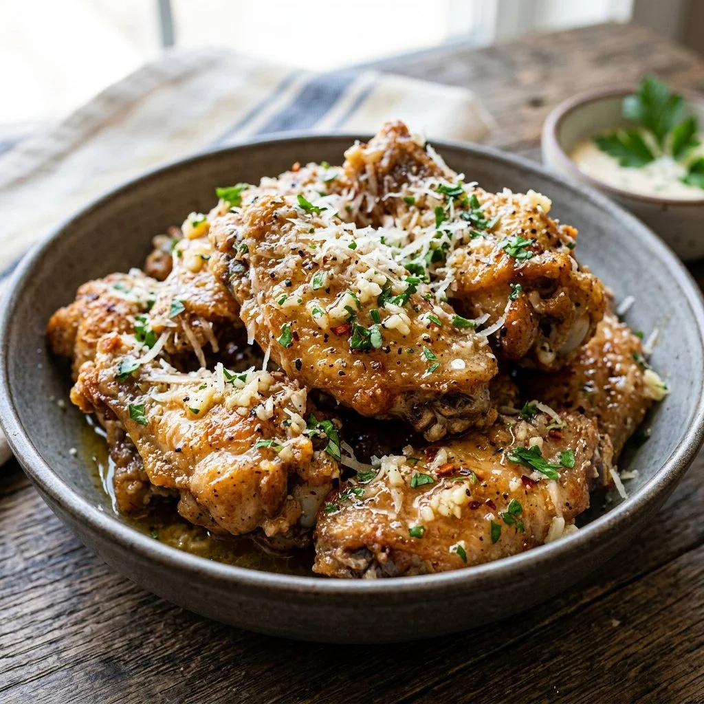 Delicious Garlic Parmesan Wings served in a bowl with a side of dipping sauce.