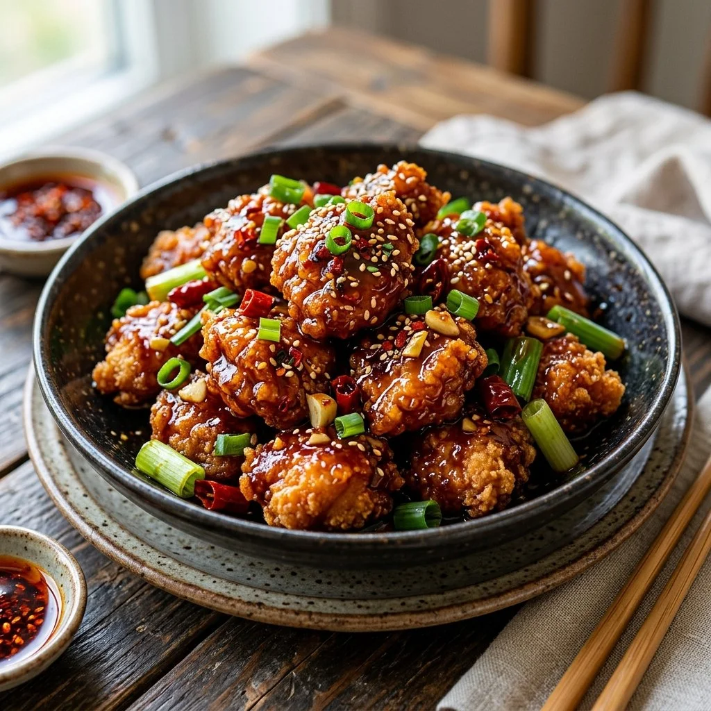 Delicious serving of General Tso Chicken with vibrant vegetables and rice