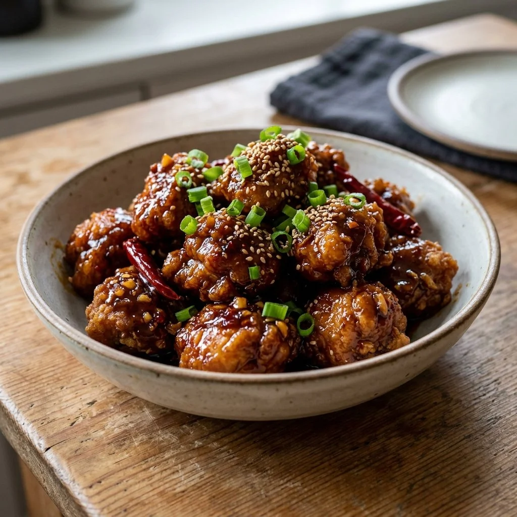 Delicious General Tso's Chicken served with broccoli and rice